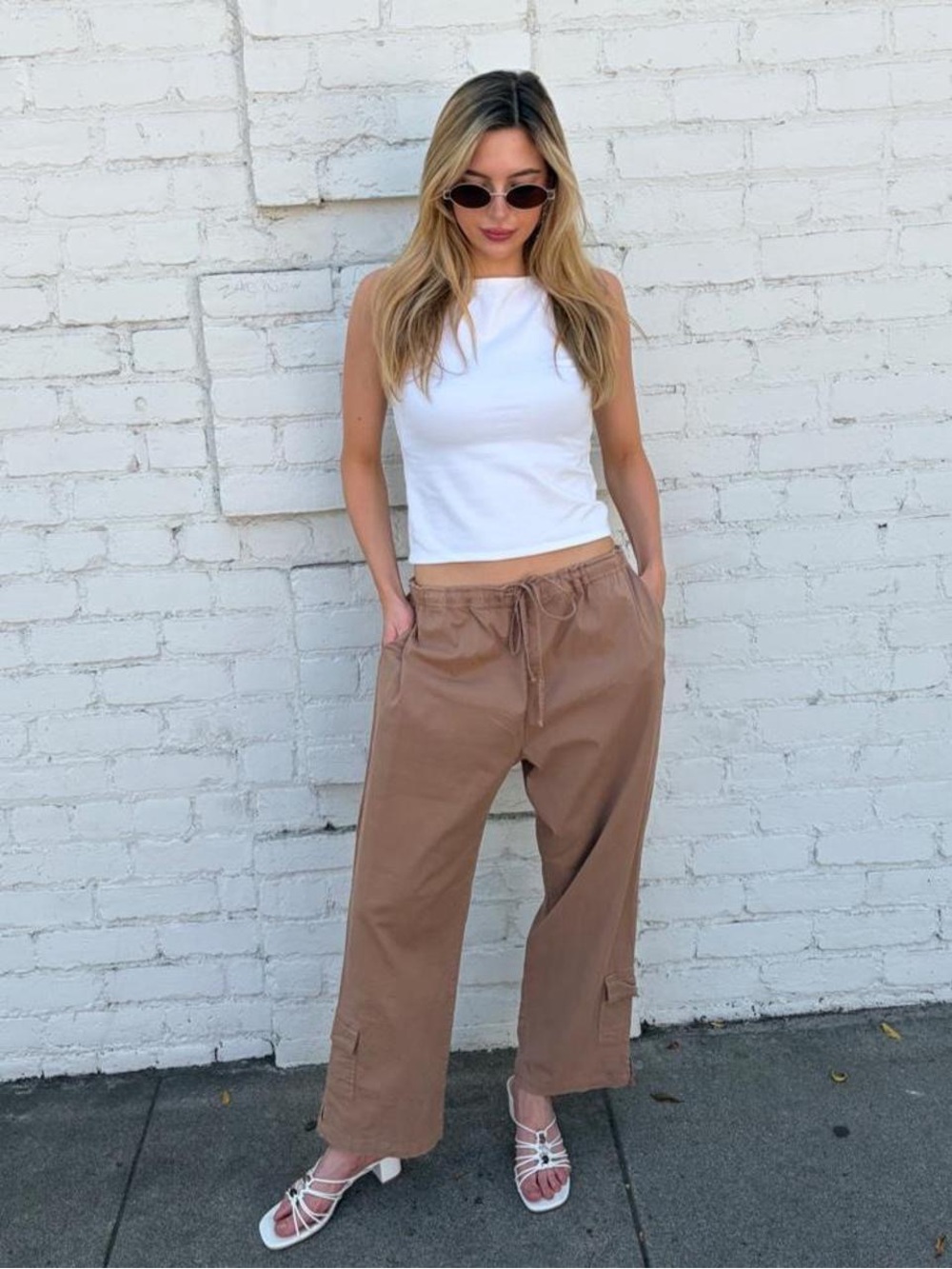 Vtg Tan wide leg capri cargo pant drawstring waist sz XL #y2k #outdoors #retro